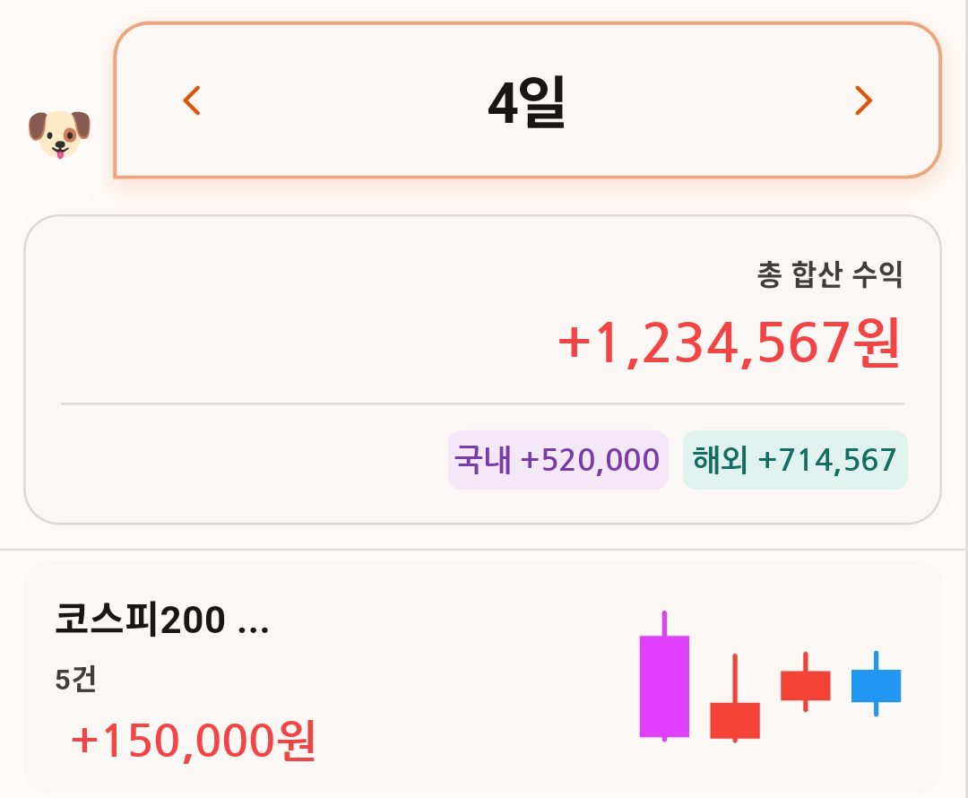 일간 화면. 날짜 이동, 총 합산 수익과 국내 해외 분리 표시, 종목별 수익 카드