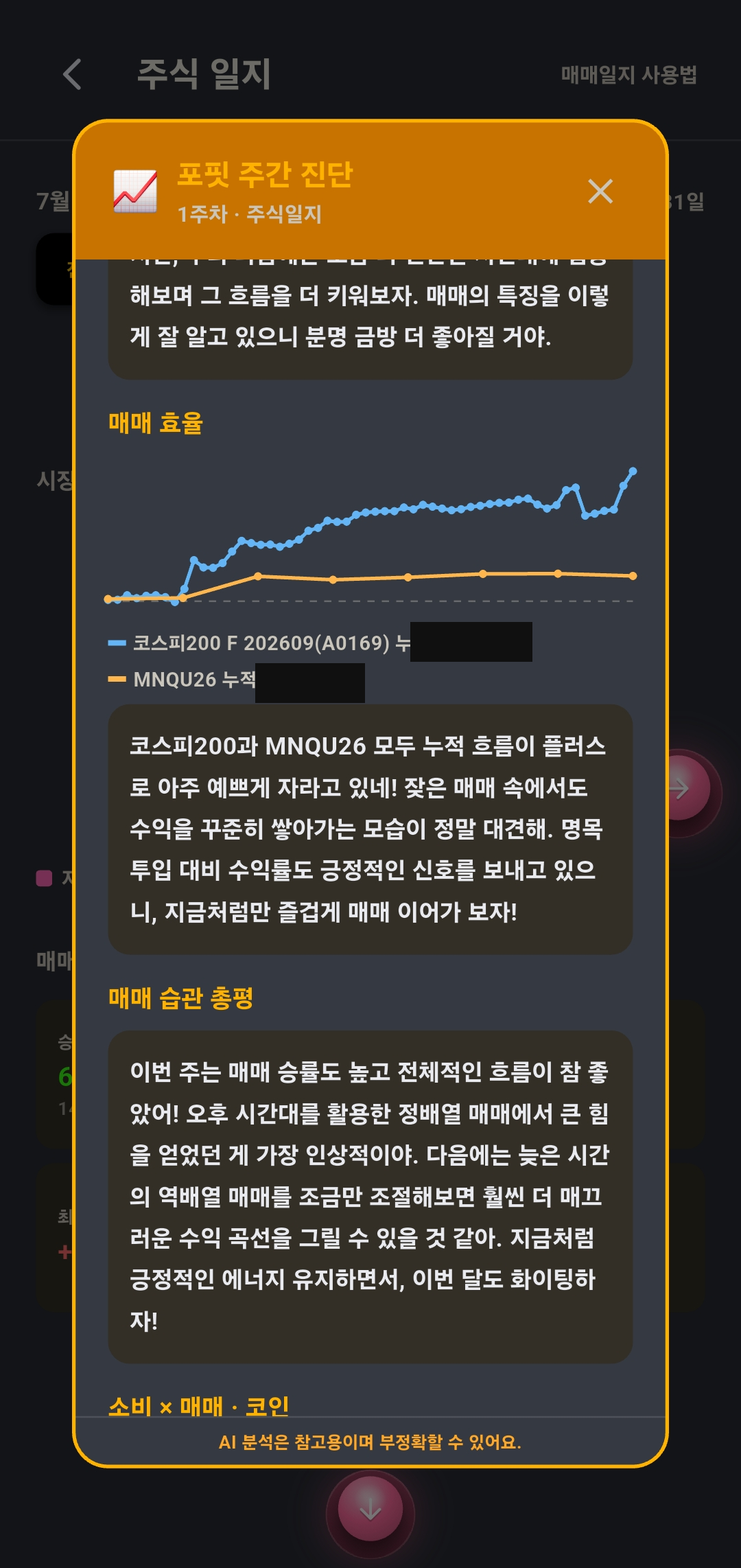 포핏 주간 진단 팝업. 매매 효율 곡선과 종목별 누적, 매매 습관 총평이 나온다