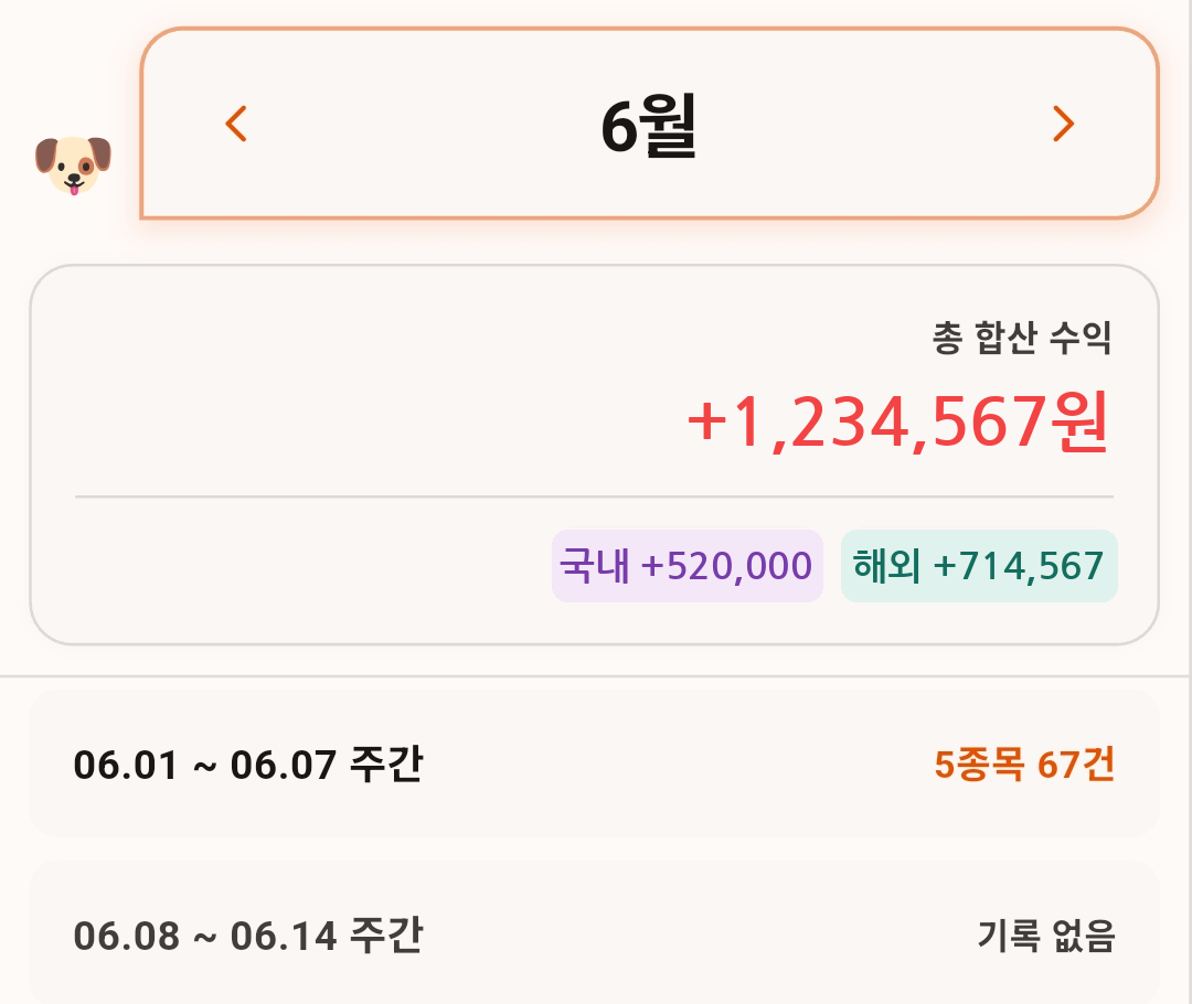 월간 화면. 6월 총 합산 수익과 주차별 목록. 첫 주에 5종목 67건이 표시된다