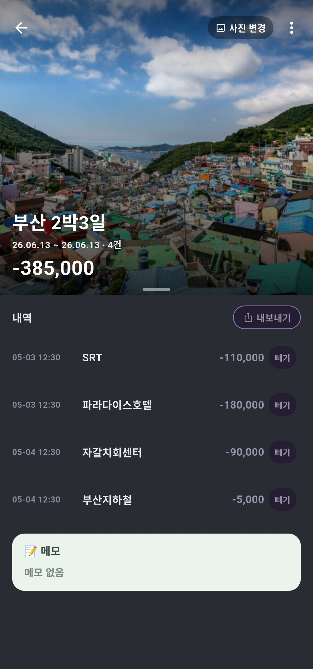 제주도 여행 상세. 기간과 합계, 항공·호텔·렌터카 항목 내역과 메모