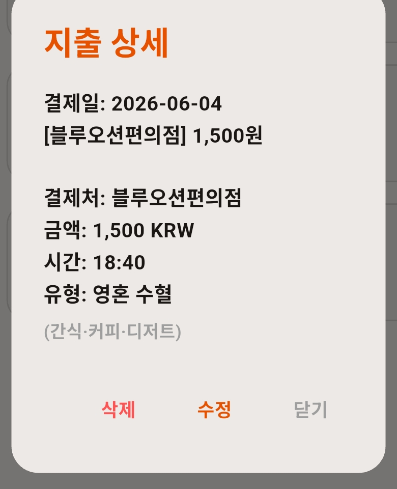지출 상세 팝업. 결제일, 결제처, 금액, 시간, 유형이 나오고 아래에 삭제 수정 닫기 버튼이 있다