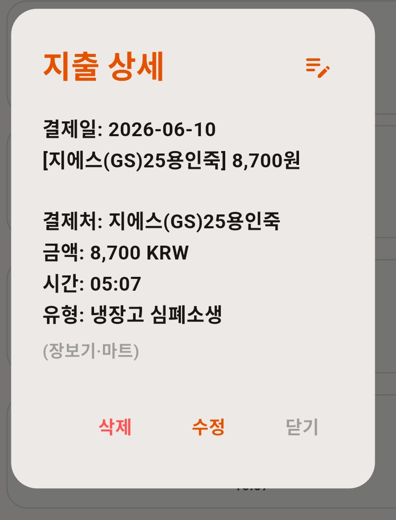 지출 상세 팝업. 제목 오른쪽에 메모 아이콘이 있다