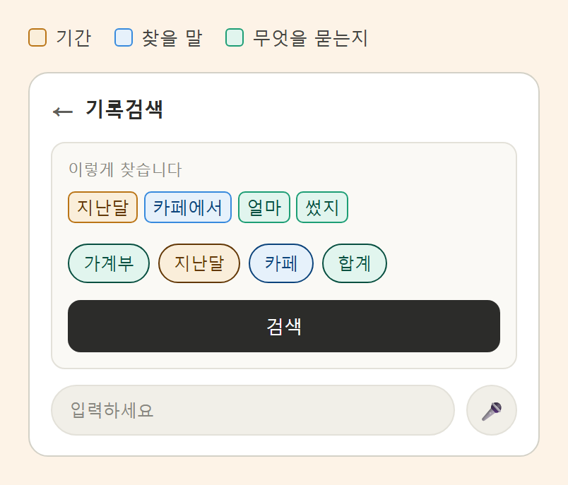 기록검색 화면. 물어본 말에 색깔 상자가 쳐지고 아래에 가계부·지난달·카페·합계 칩과 검색 버튼이 있다