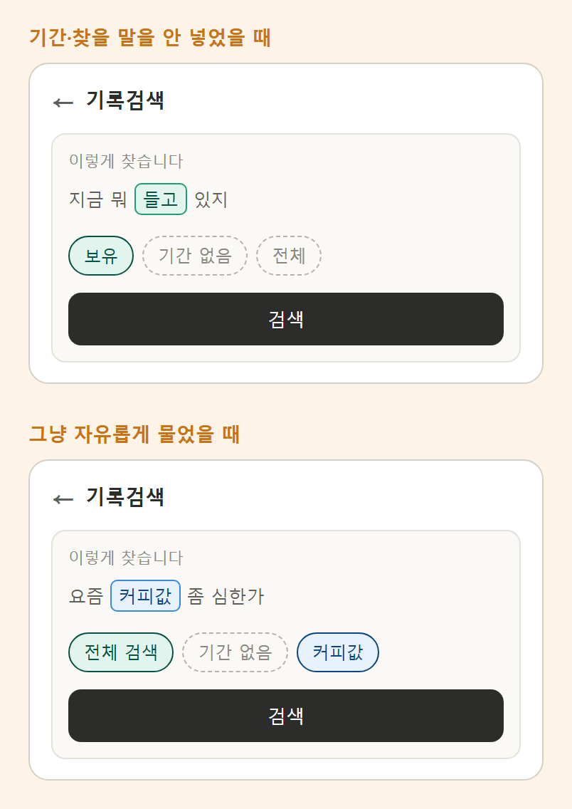 기간과 찾을 말을 안 넣었을 때의 점선 칩, 자유롭게 물었을 때의 전체 검색 칩