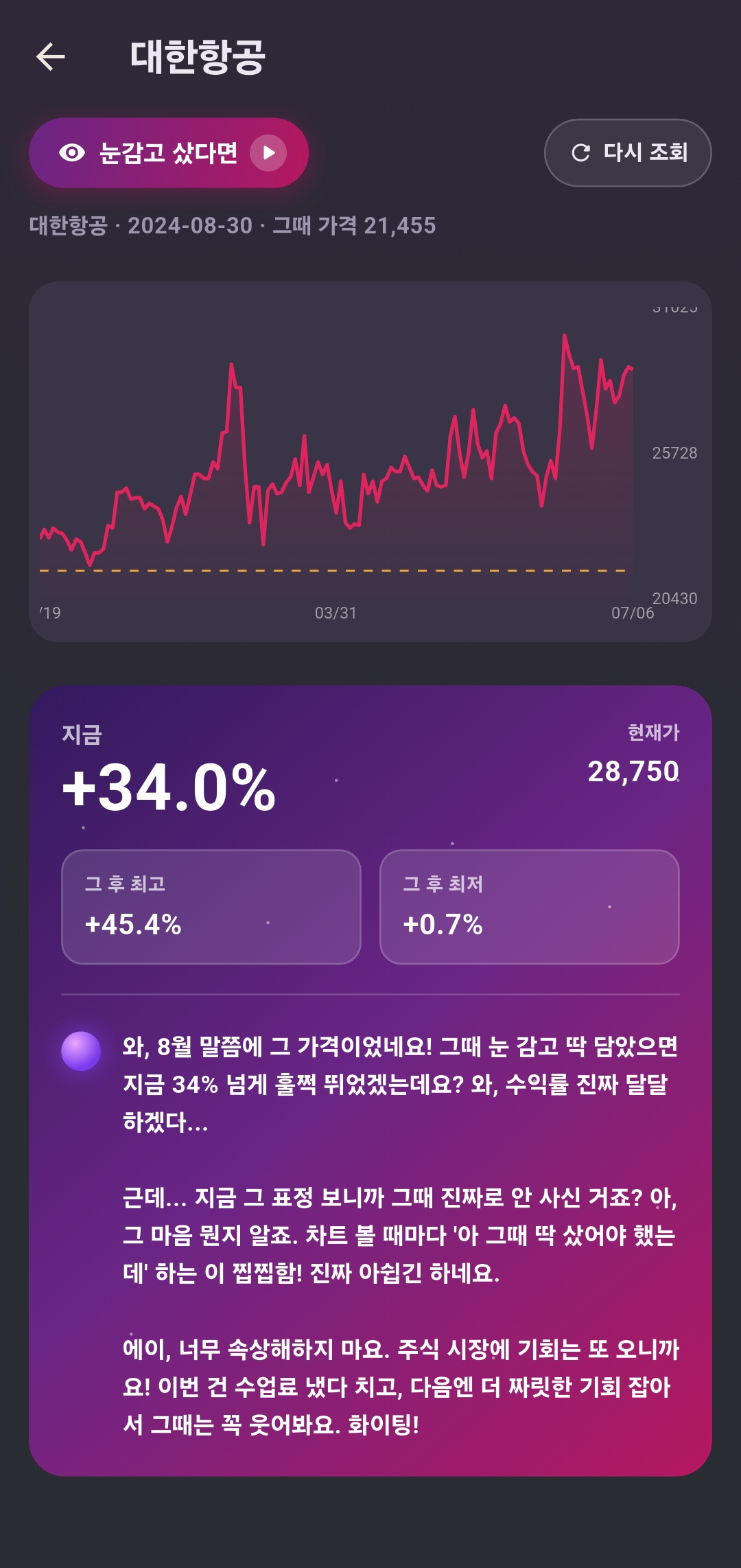대한항공 결과 화면. 지금 +34.0퍼센트, 그 후 최고 45.4 최저 0.7, 포핏의 멀티버스 멘트